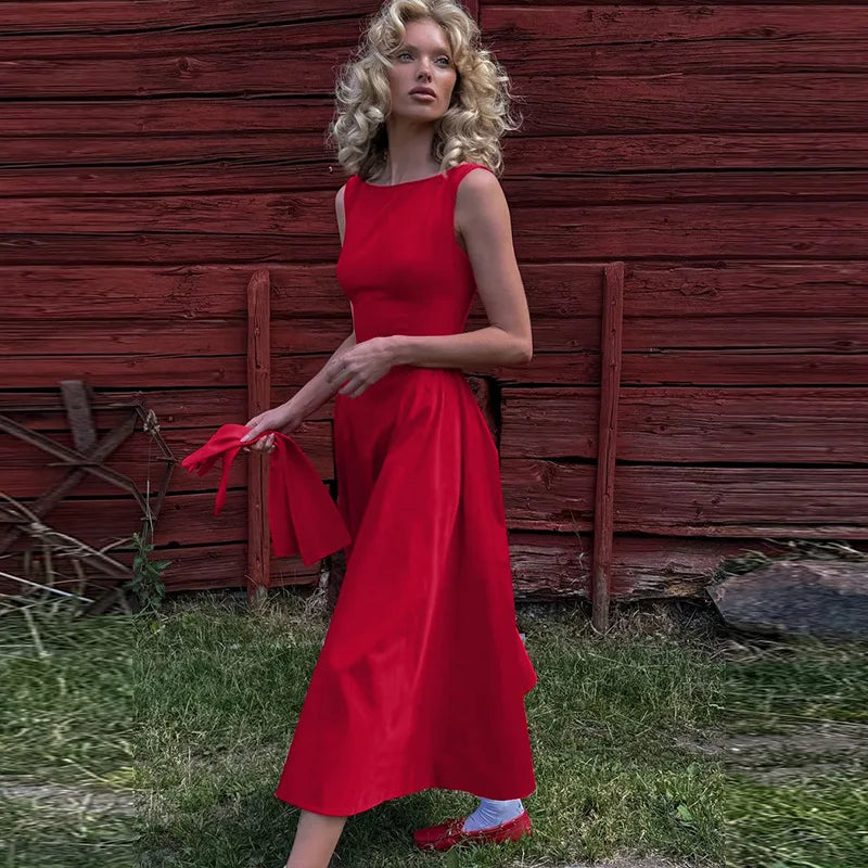 Suninheart 2025 Elegant Red Sleeveless Midi Dress