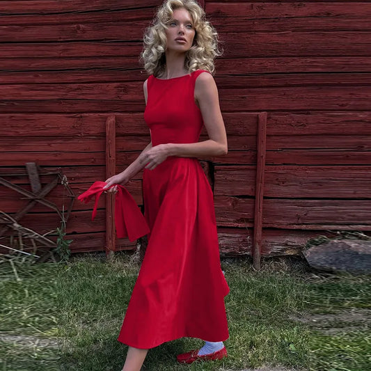 Suninheart 2025 Elegant Red Sleeveless Midi Dress