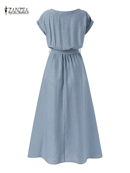 ZANZEA Women’s Elegant Mid-Calf Casual Dress with Belt