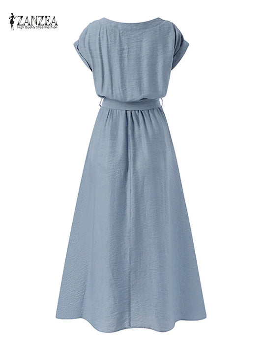 ZANZEA Women’s Elegant Mid-Calf Casual Dress with Belt
