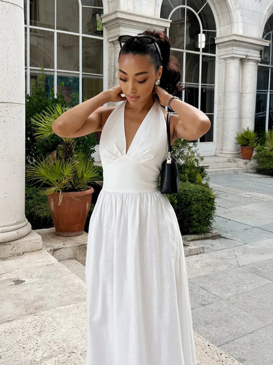 Bornladies V-Neck Cotton Camisole Dress with Waist Cinch