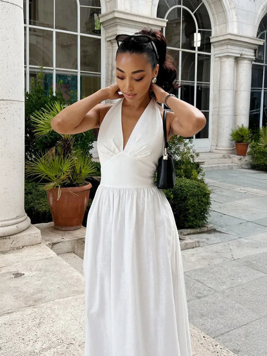 Bornladies V-Neck Cotton Camisole Dress with Waist Cinch