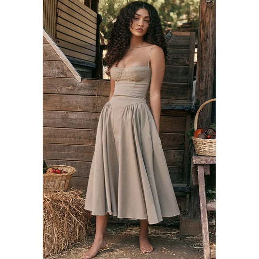 Elegant Backless Spaghetti Strap Midi Dress for Women