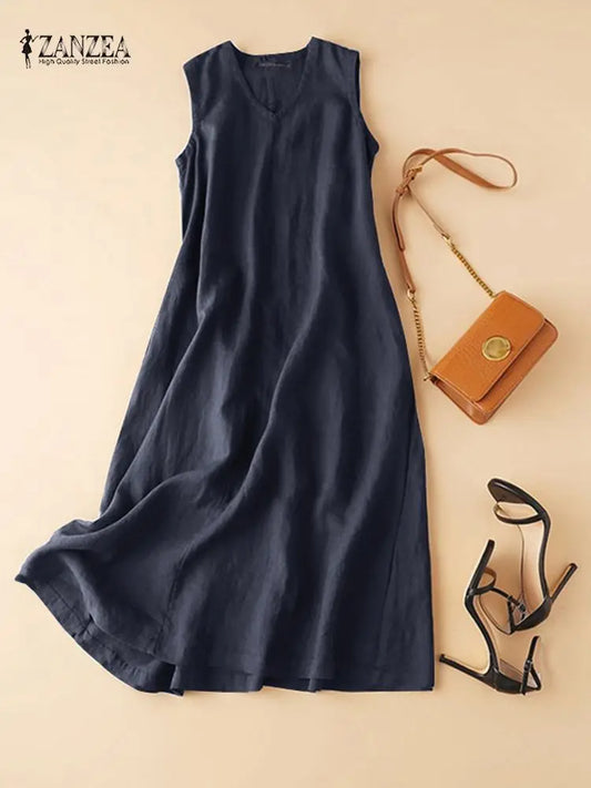 ZANZEA Women's Ankle-Length V-Neck Cotton Sundress