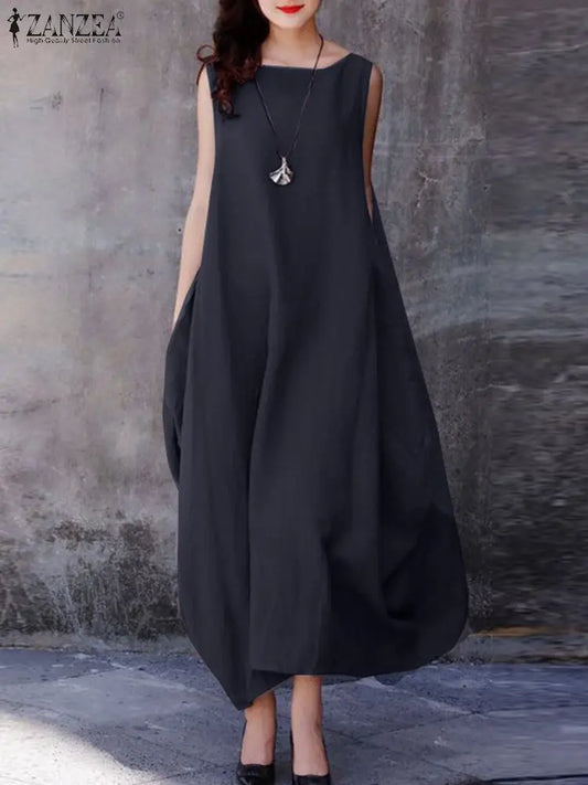 ZANZEA Oversized Cotton Maxi Dress for Women - Casual Sleeveless Summer Style