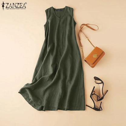 ZANZEA Women's Ankle-Length V-Neck Cotton Sundress