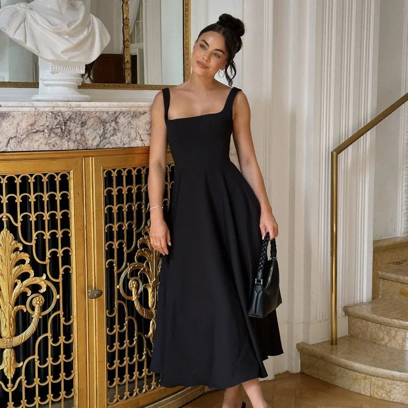 Julissa MO Sexy Square Collar Maxi Dress with Spaghetti Straps