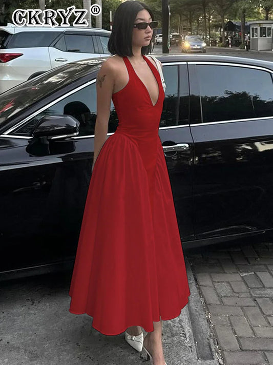 Elegant V-Neck Backless Maxi Dress for Women