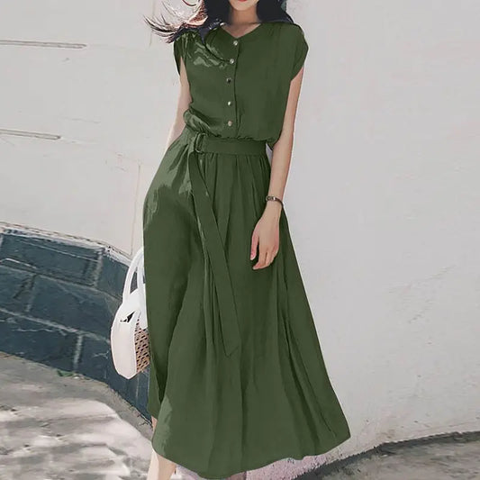 ZANZEA Women’s Elegant Mid-Calf Casual Dress with Belt
