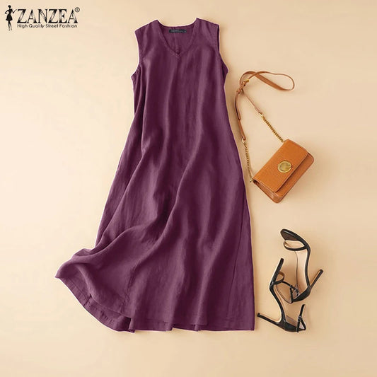 ZANZEA Women's Ankle-Length V-Neck Cotton Sundress