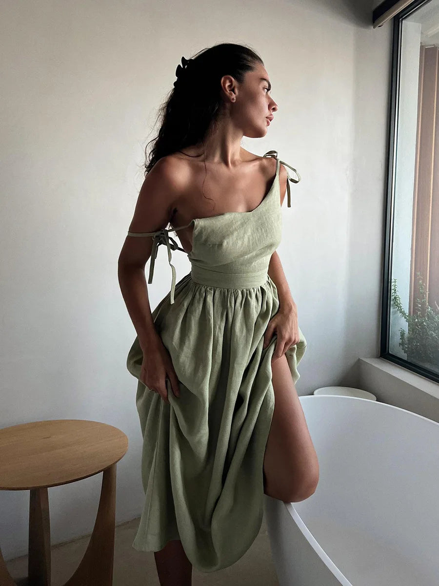 Bornladies Vintage A-line Cotton V-neck Sling Dress