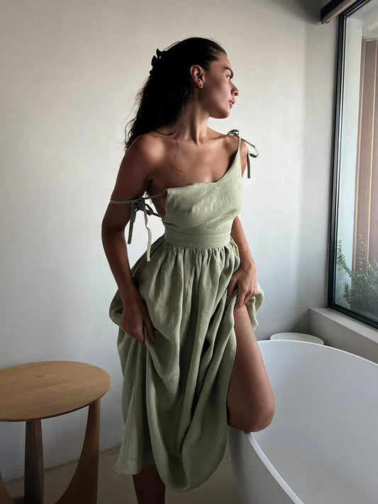 Bornladies Vintage A-line Cotton V-neck Sling Dress
