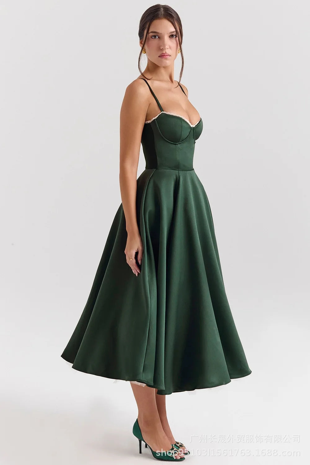 Suninheart Summer Spaghetti Strap Midi Dress with Elegant Fit and Flare Design