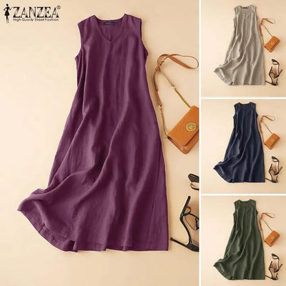 ZANZEA Women's Ankle-Length V-Neck Cotton Sundress