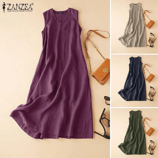 ZANZEA Women's Ankle-Length V-Neck Cotton Sundress
