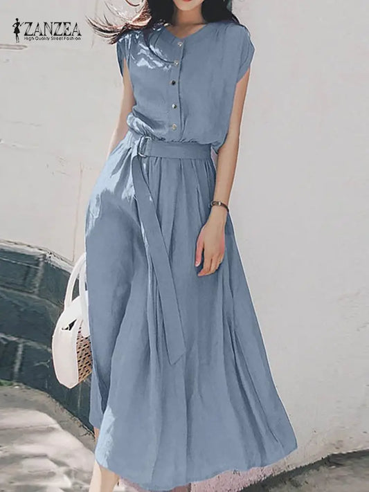 ZANZEA Women’s Elegant Mid-Calf Casual Dress with Belt