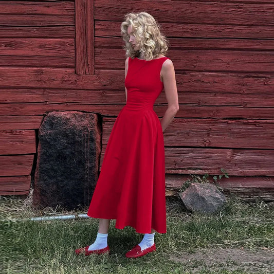 Suninheart 2025 Elegant Red Sleeveless Midi Dress