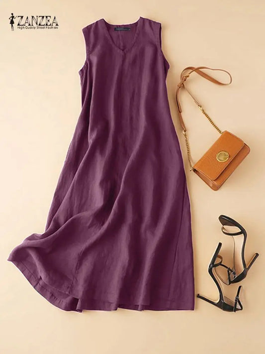 ZANZEA Women's Ankle-Length V-Neck Cotton Sundress