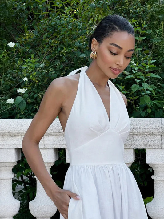 Bornladies V-Neck Cotton Camisole Dress with Waist Cinch