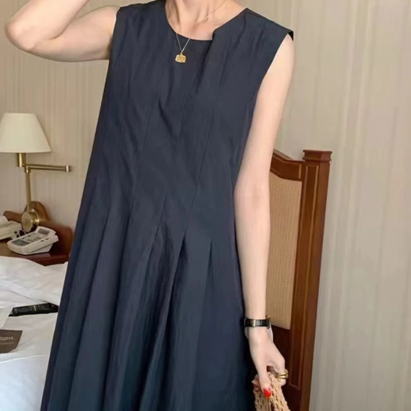 REALEFT Women's Casual A-Line Pleated Tank Dress with Pockets