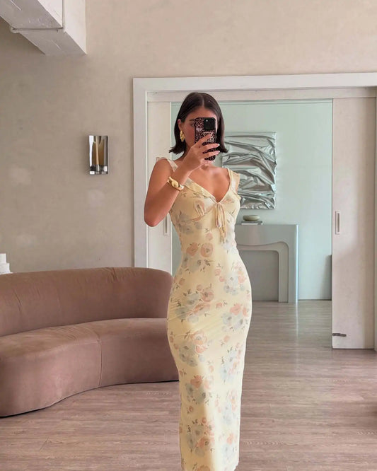 Cryptographic Floral Print Plunge Maxi Dress