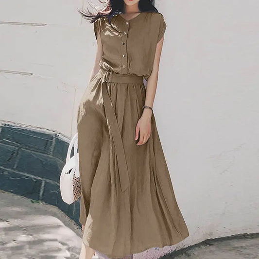 ZANZEA Women’s Elegant Mid-Calf Casual Dress with Belt