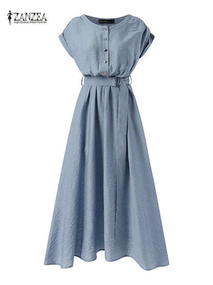 ZANZEA Women’s Elegant Mid-Calf Casual Dress with Belt