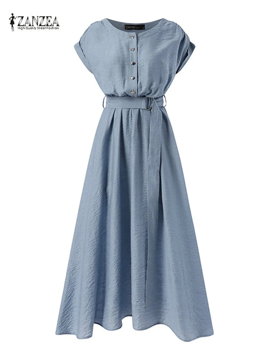ZANZEA Women’s Elegant Mid-Calf Casual Dress with Belt