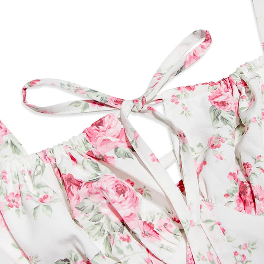 Suninheart Floral Print Midi Dress with Slit and Lace-Up Detail