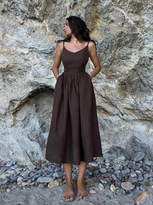 Bornladies Vintage A-line Cotton V-neck Sling Dress