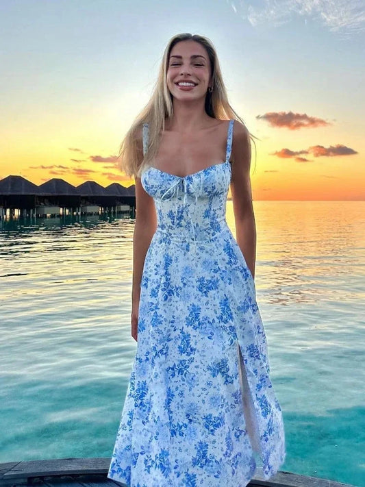 Suninheart Floral Print Midi Dress with Slit and Lace-Up Detail
