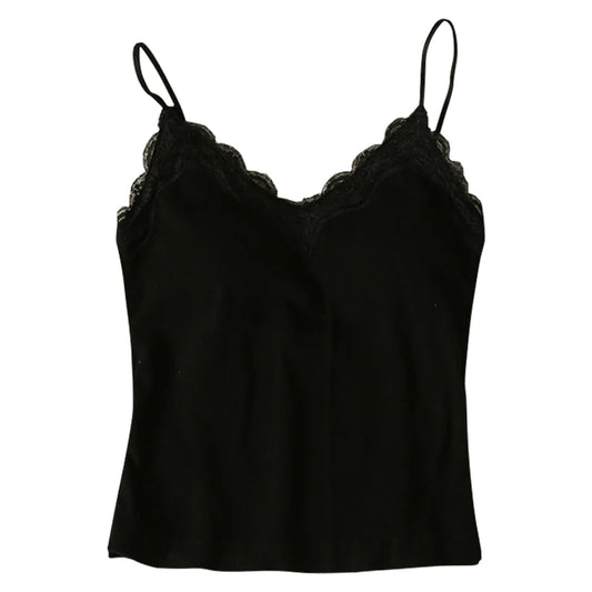 The Womens Crop Top Korean Version is a black camisole with spaghetti straps and lace trim on the V-neckline, shown against a white background.