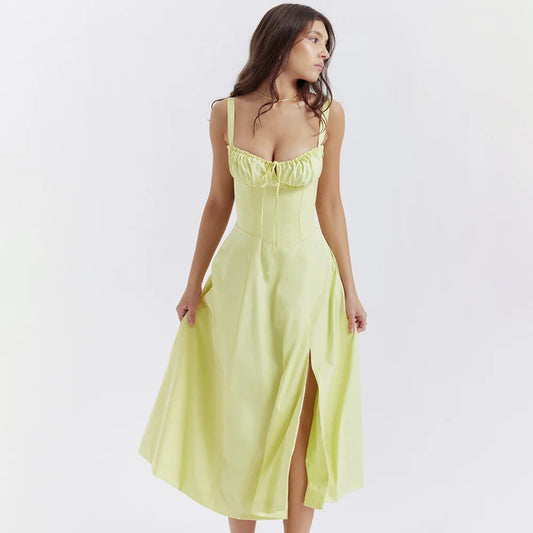 Suninheart Floral Print Midi Dress with Slit and Lace-Up Detail