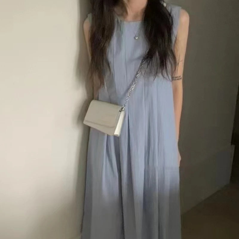 REALEFT Women's Casual A-Line Pleated Tank Dress with Pockets