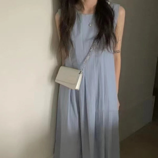 REALEFT Women's Casual A-Line Pleated Tank Dress with Pockets
