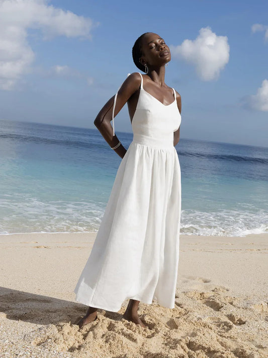 Bornladies Vintage A-line Cotton V-neck Sling Dress