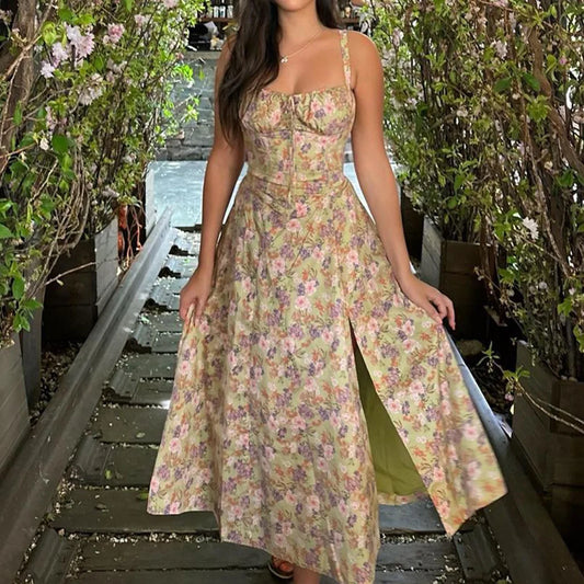 Suninheart Floral Print Midi Dress with Slit and Lace-Up Detail