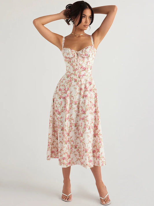 Suninheart Floral Print Midi Dress with Slit and Lace-Up Detail