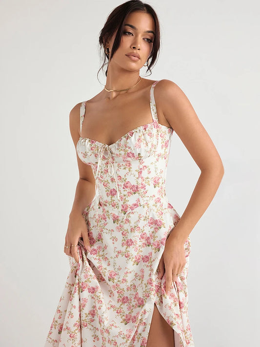 Suninheart Floral Print Midi Dress with Slit and Lace-Up Detail
