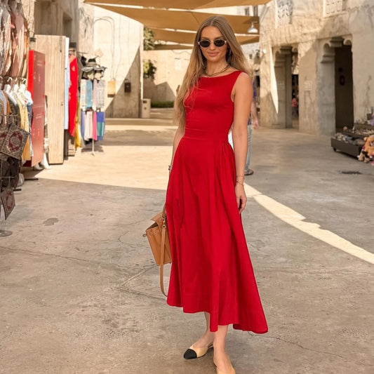 Suninheart 2025 Elegant Red Sleeveless Midi Dress