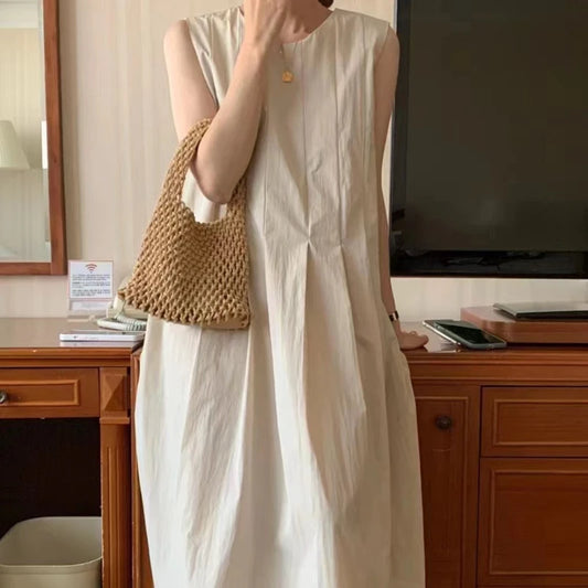 REALEFT Women's Casual A-Line Pleated Tank Dress with Pockets