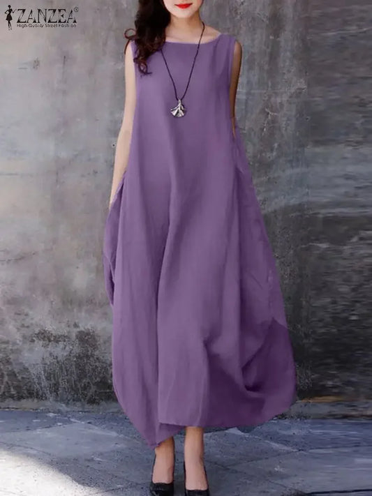 ZANZEA Oversized Cotton Maxi Dress for Women - Casual Sleeveless Summer Style