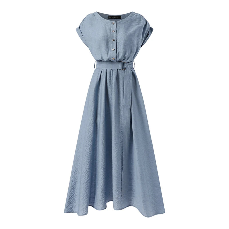 ZANZEA Women’s Elegant Mid-Calf Casual Dress with Belt
