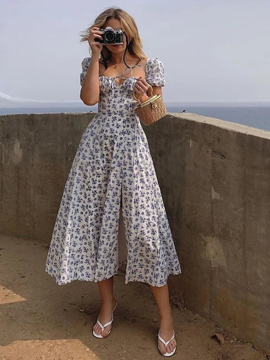 Elegant Puff Sleeve Floral Midi Dress
