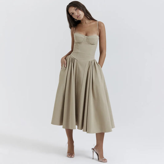 Elegant Backless Spaghetti Strap Midi Dress for Women