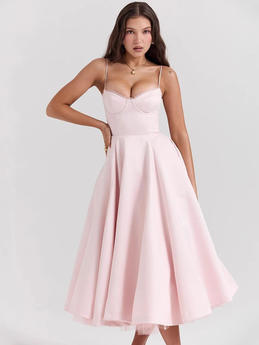 Suninheart Summer Spaghetti Strap Midi Dress with Elegant Fit and Flare Design