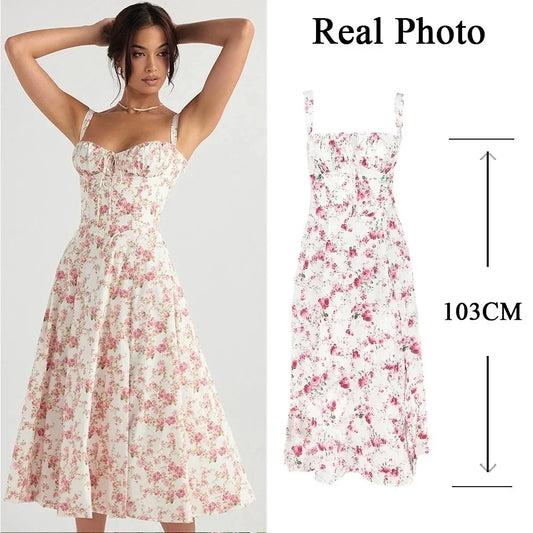 Suninheart Floral Print Midi Dress with Slit and Lace-Up Detail