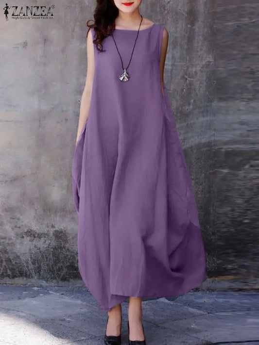 ZANZEA Oversized Cotton Maxi Dress for Women - Casual Sleeveless Summer Style