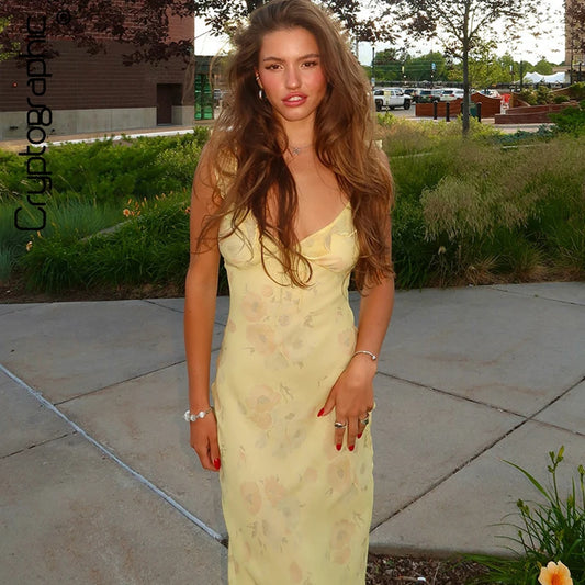 Cryptographic Floral Print Plunge Maxi Dress