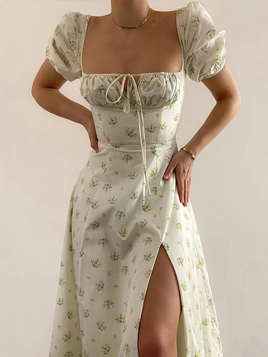 Elegant Puff Sleeve Floral Midi Dress